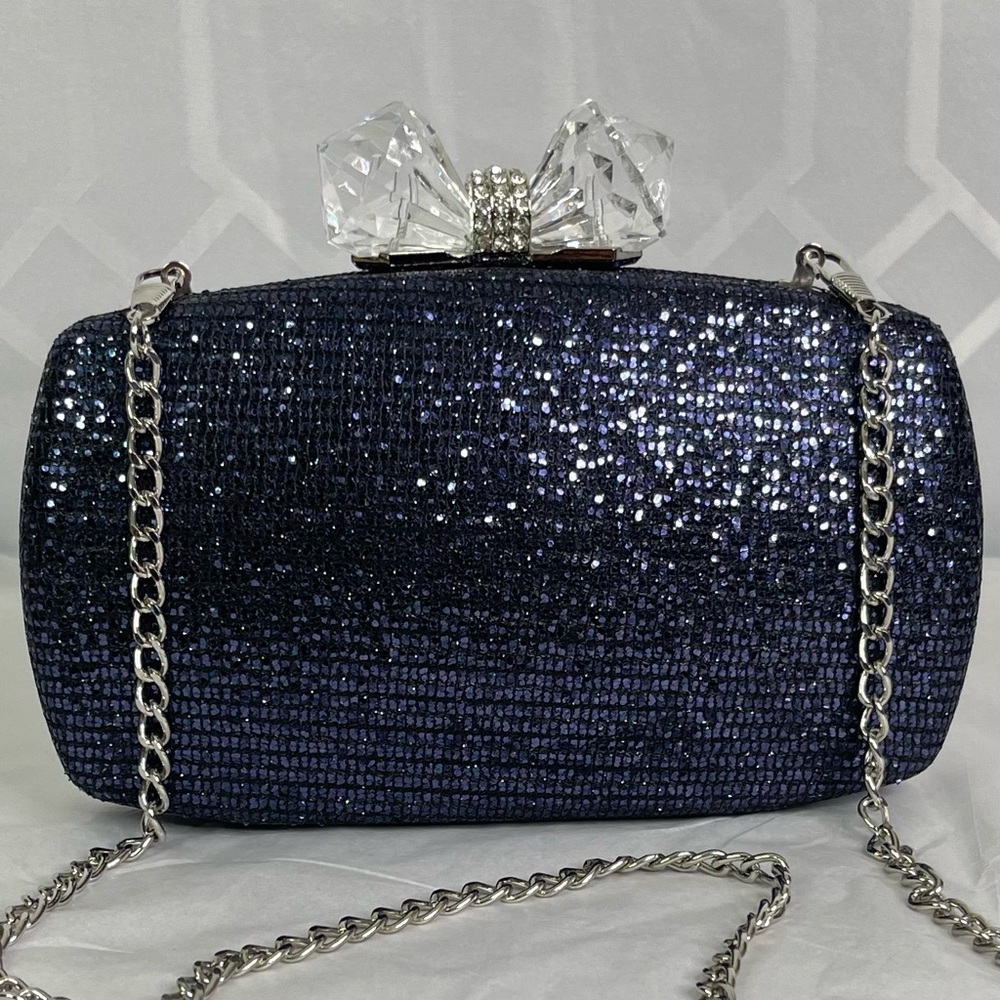 Nina Navy Blue Glitter Clutch with Silver Chain